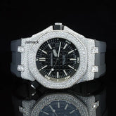 Luxury Fully Iced Out Black Dial Moissanite Watch for Men Black Rubber Strap