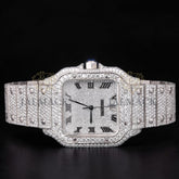 Luxury Silver Roman Moissanite Automatic Date Watch VVS1 D Color Fully Iced Out