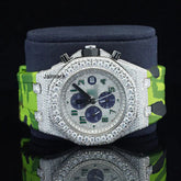 Luxury Fully Iced Out Green Dial Moissanite Watch for Men Neon Green Rubber Strap