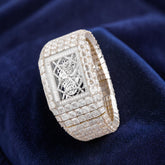 Luxury Skeleton Dial Moissanite Watch Fully Iced Out Rectangular Bust Down Timepiece
