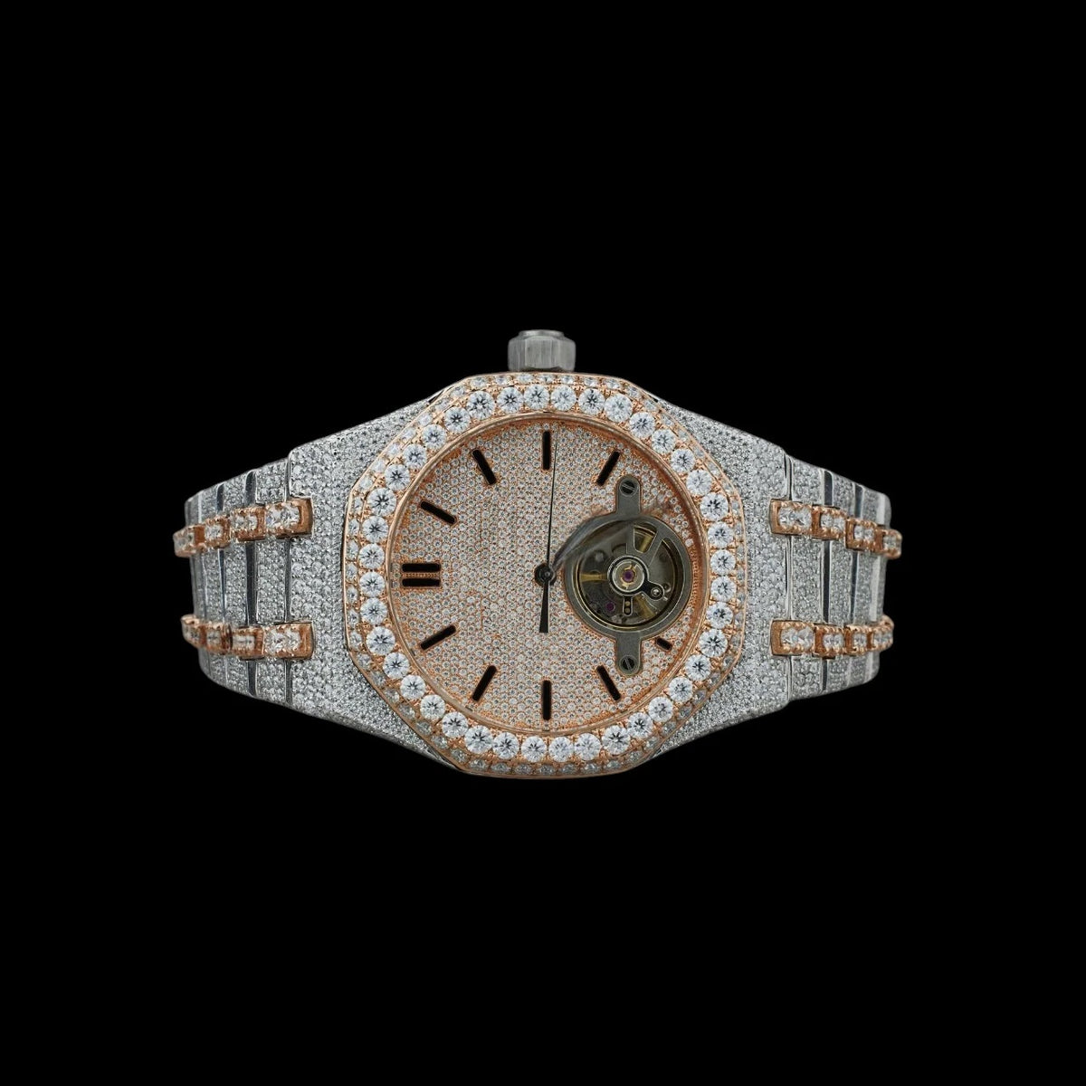 Rose Gold Dial Baton Marker Round-Cut Open-Heart Moissanite Watch