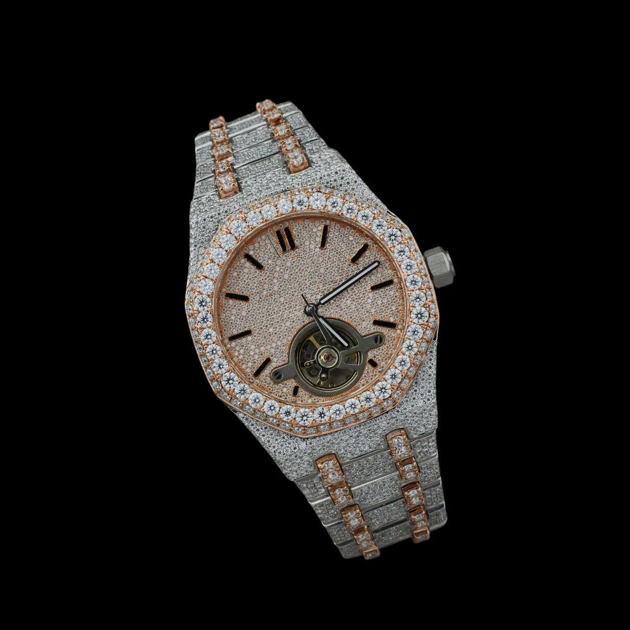 Rose Gold Dial Baton Marker Round-Cut Open-Heart Moissanite Watch