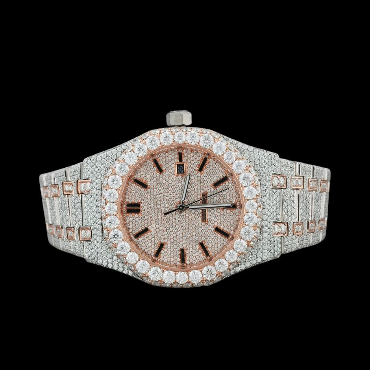 Rose Gold Dial Baton Letter Round-Cut Moissanite Watch