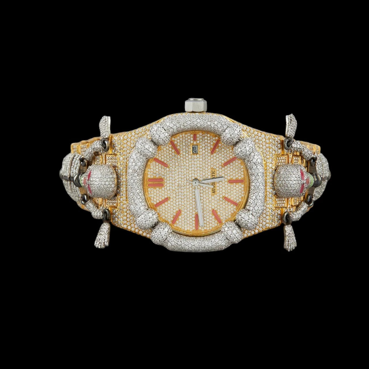 Gold Dial Monogram Letter Round-Cut Skull Moissanite Watch
