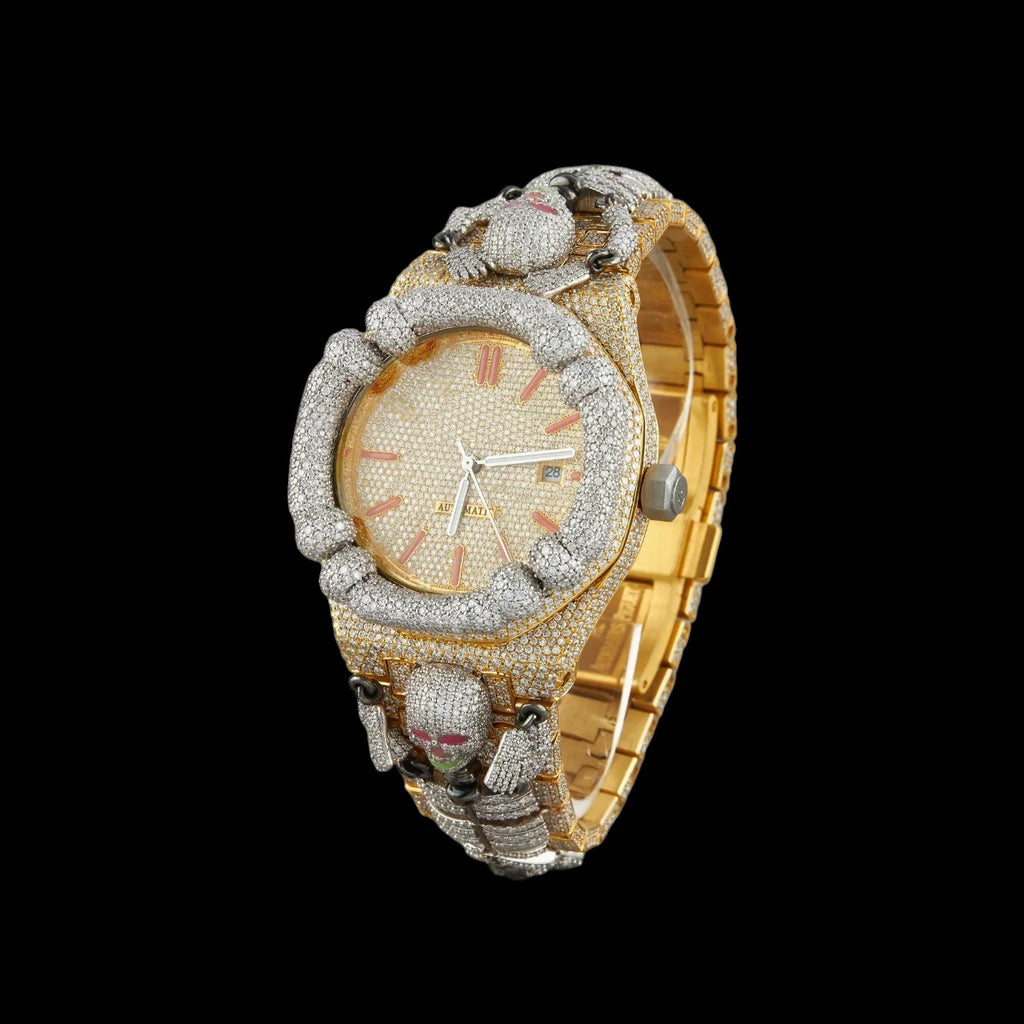 Gold Dial Monogram Letter Round-Cut Skull Moissanite Watch