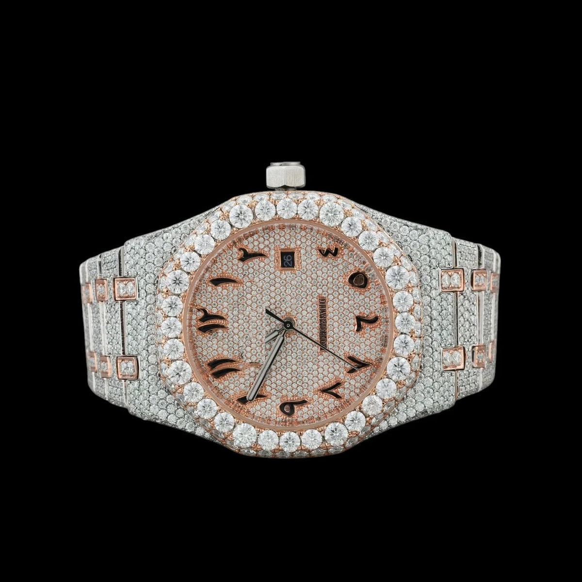 Rose Gold Dial Arabic Letter Round-Cut Moissanite Watch
