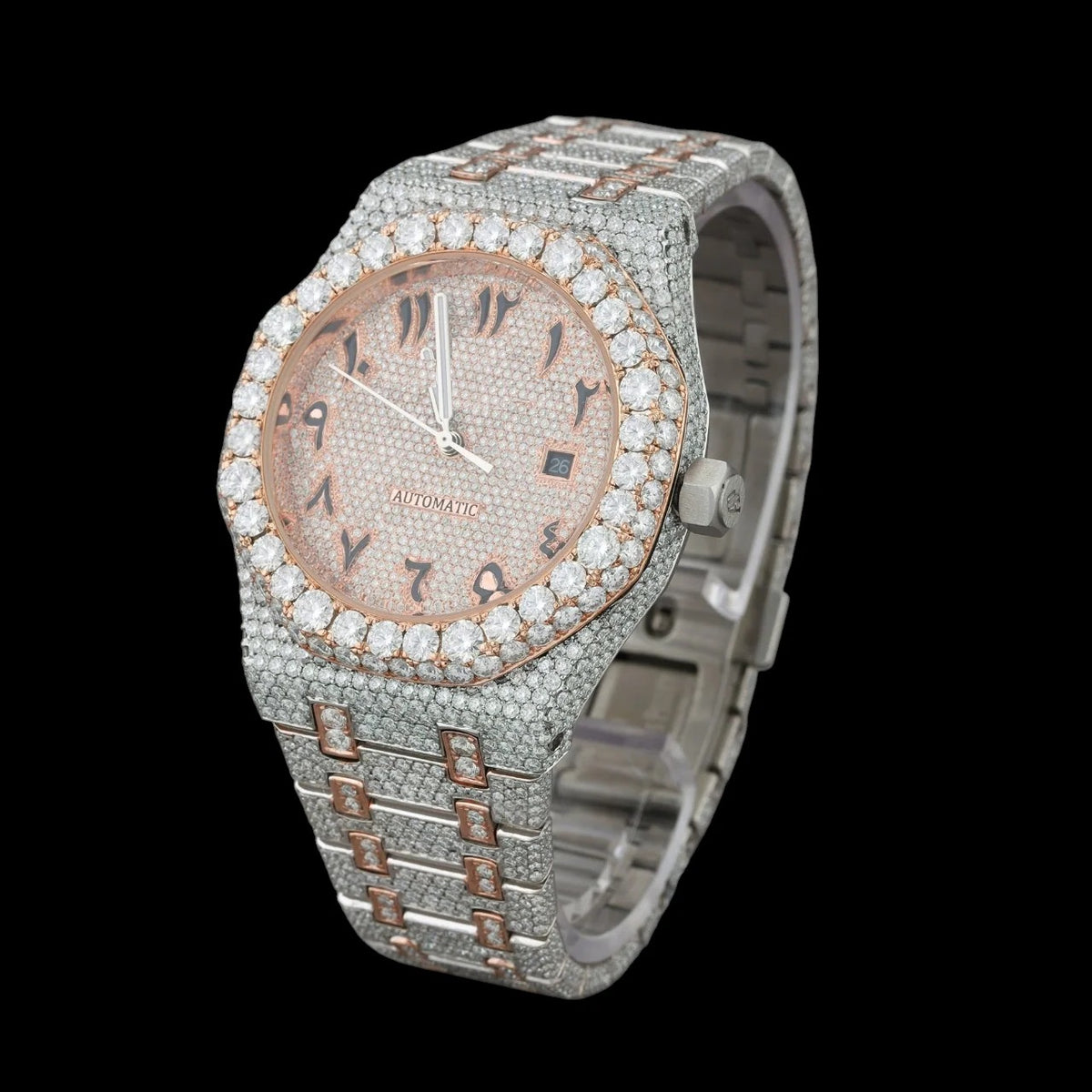 Rose Gold Dial Arabic Letter Round-Cut Moissanite Watch