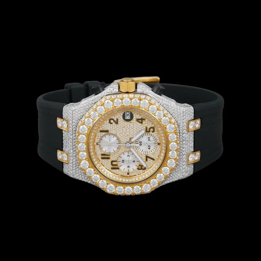 Gold Dial Arabic Numeral Round-Cut Moissanite Chronograph Watch