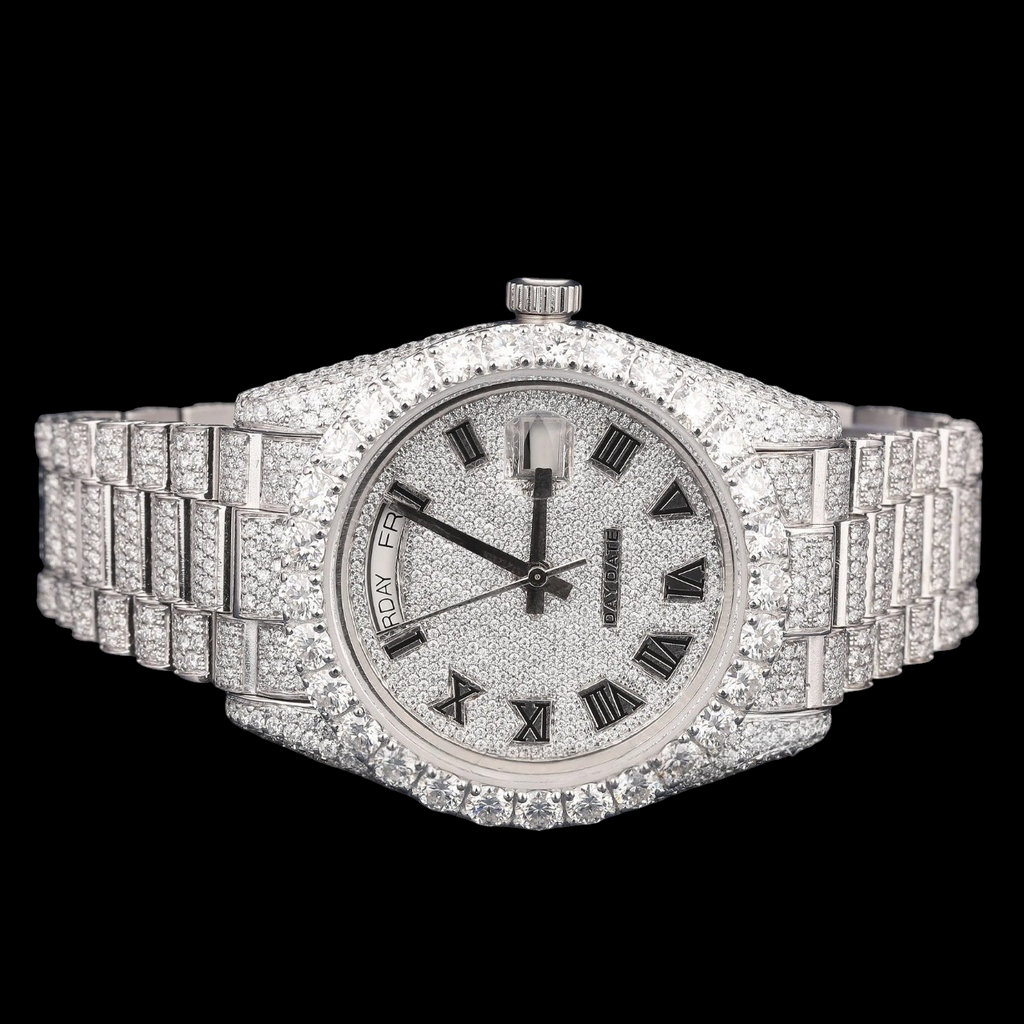 Luxury Silver Roman Numeral Moissanite Day-Date Watch VVS1 D Color Fully Iced Out