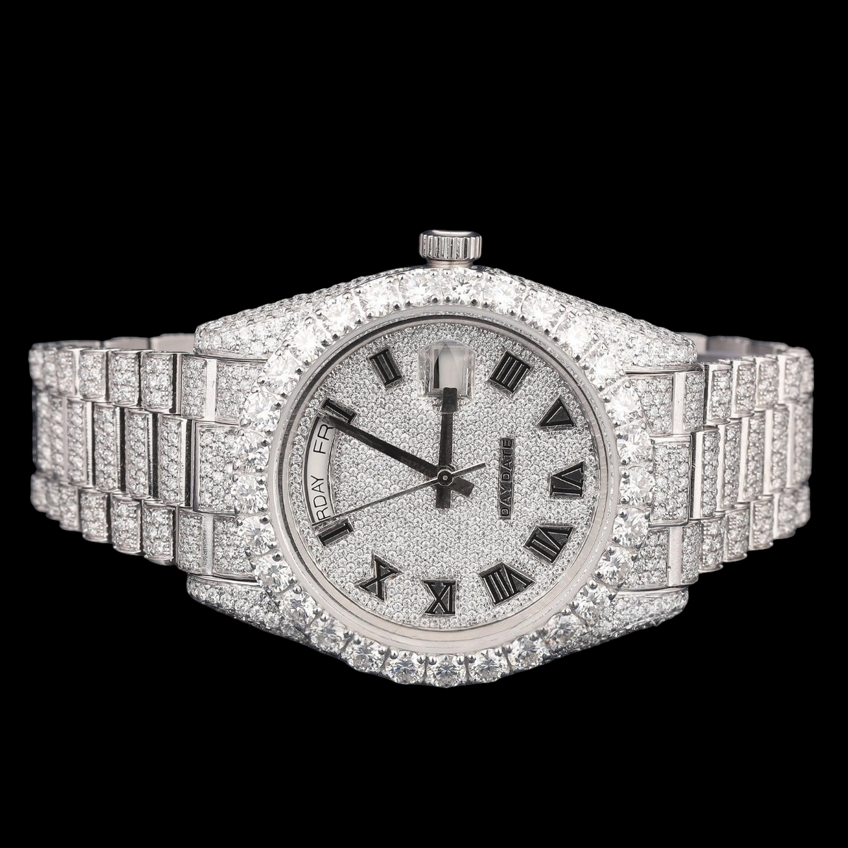 Luxury Silver Roman Numeral Moissanite Day-Date Watch VVS1 D Color Fully Iced Out