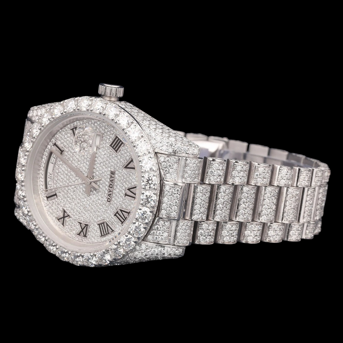 Luxury Silver Roman Numeral Moissanite Day-Date Watch VVS1 D Color Fully Iced Out