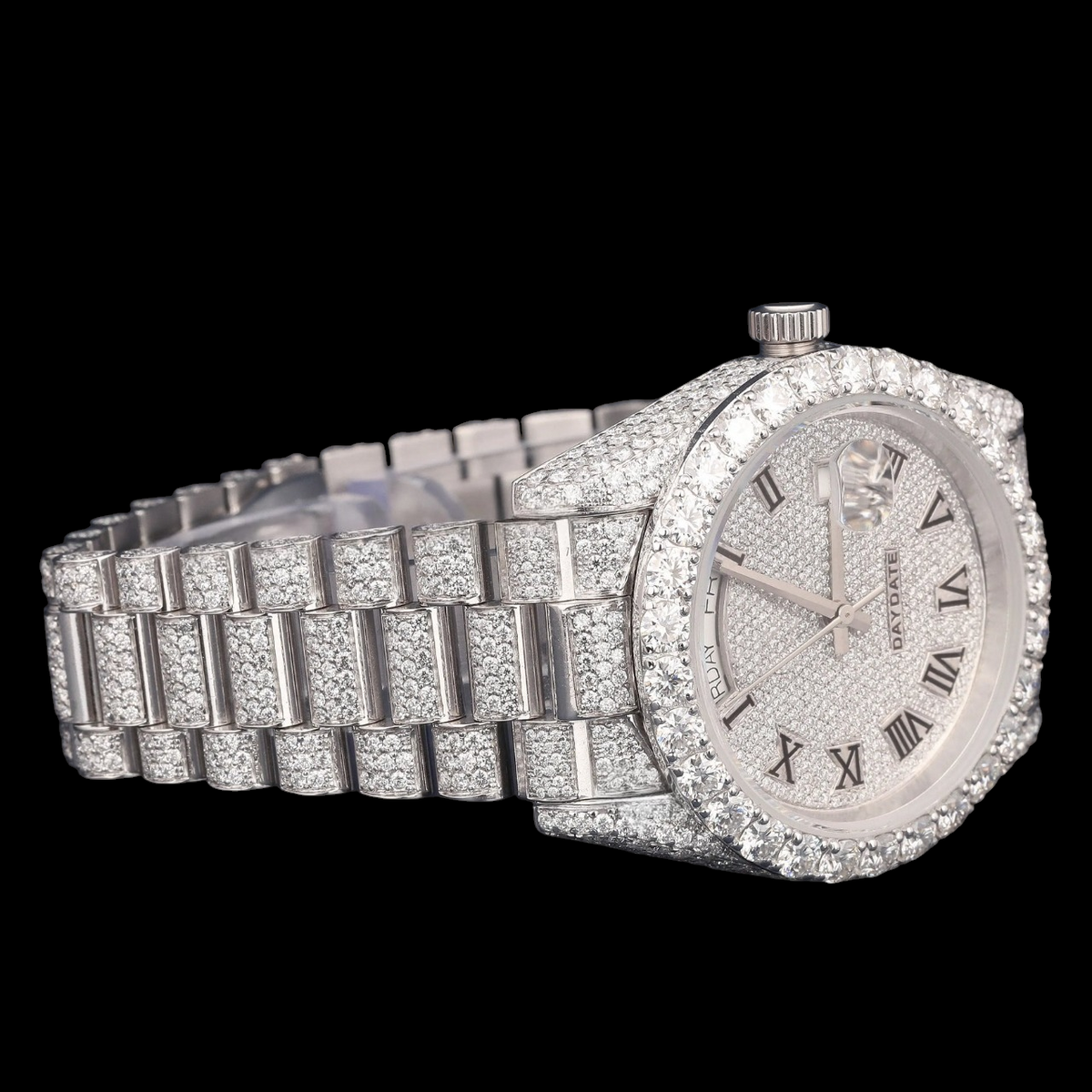 Luxury Silver Roman Numeral Moissanite Day-Date Watch VVS1 D Color Fully Iced Out
