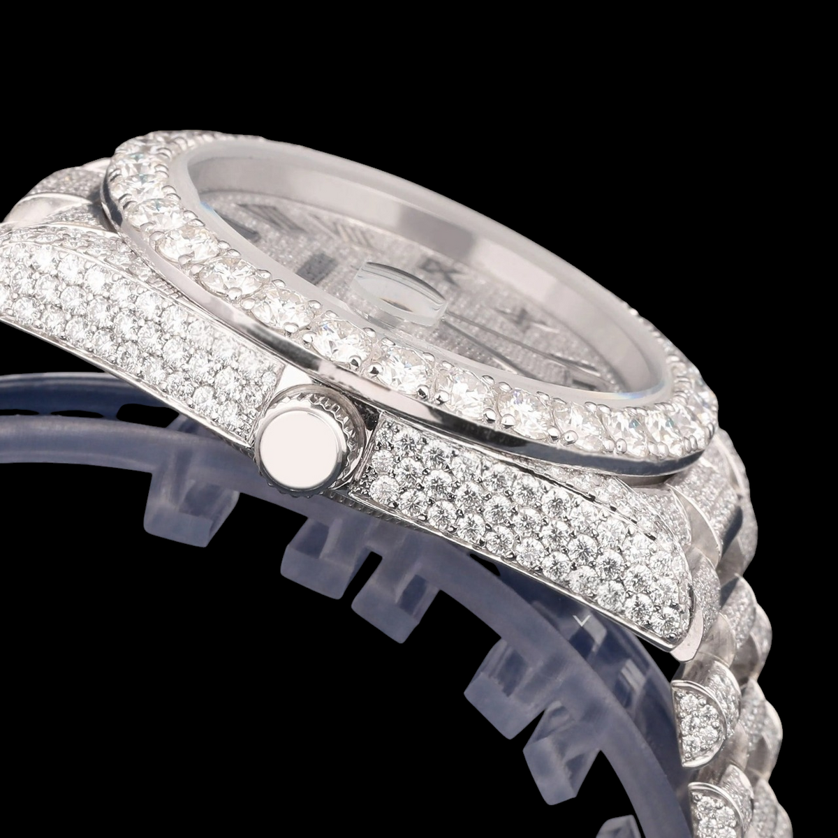 Luxury Silver Roman Numeral Moissanite Day-Date Watch VVS1 D Color Fully Iced Out
