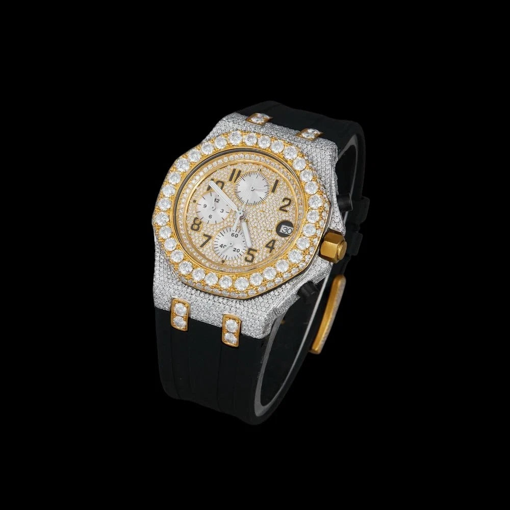 Gold Dial Arabic Numeral Round-Cut Moissanite Chronograph Watch