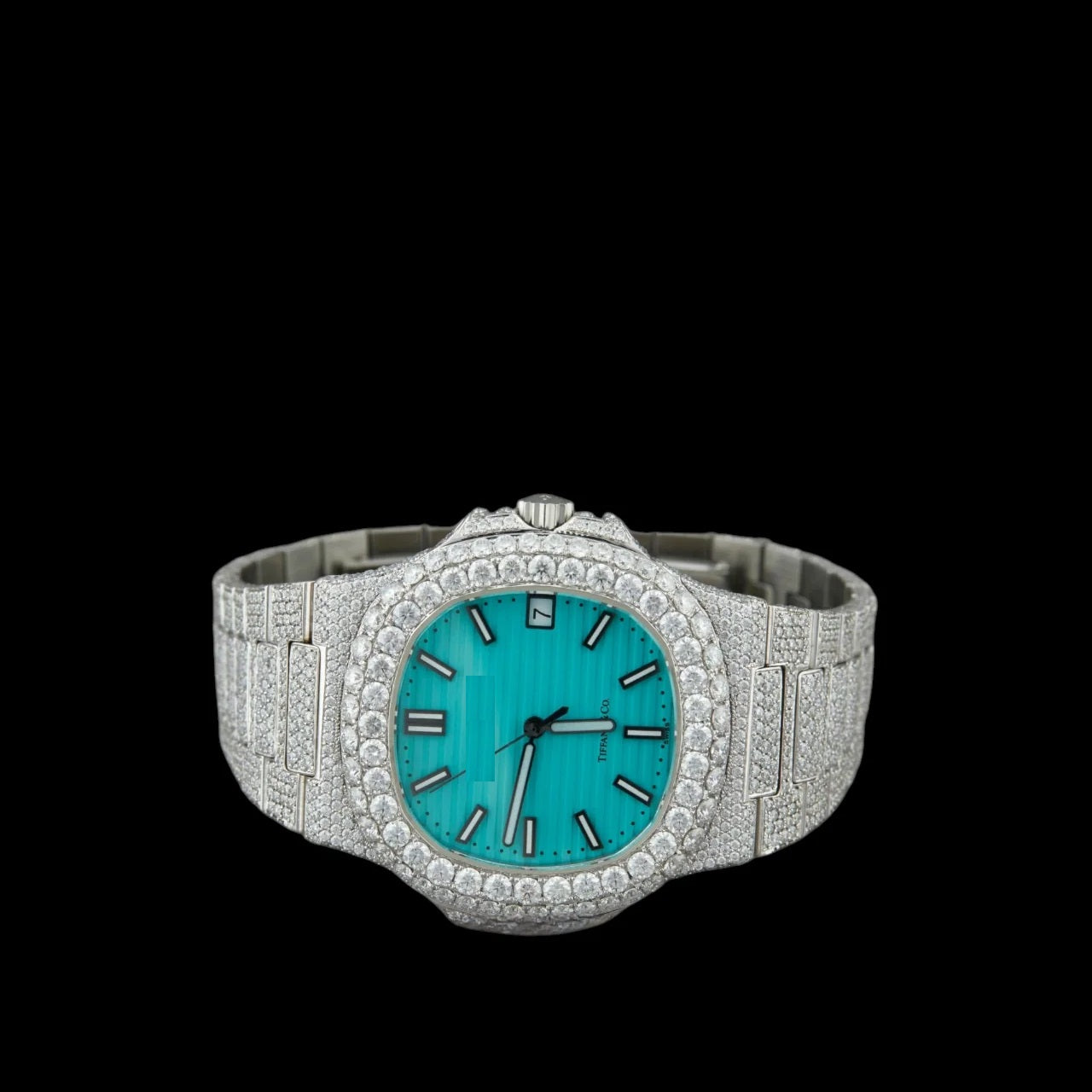 Turquoise Dial Baton Marker Round-Cut Moissanite Watch