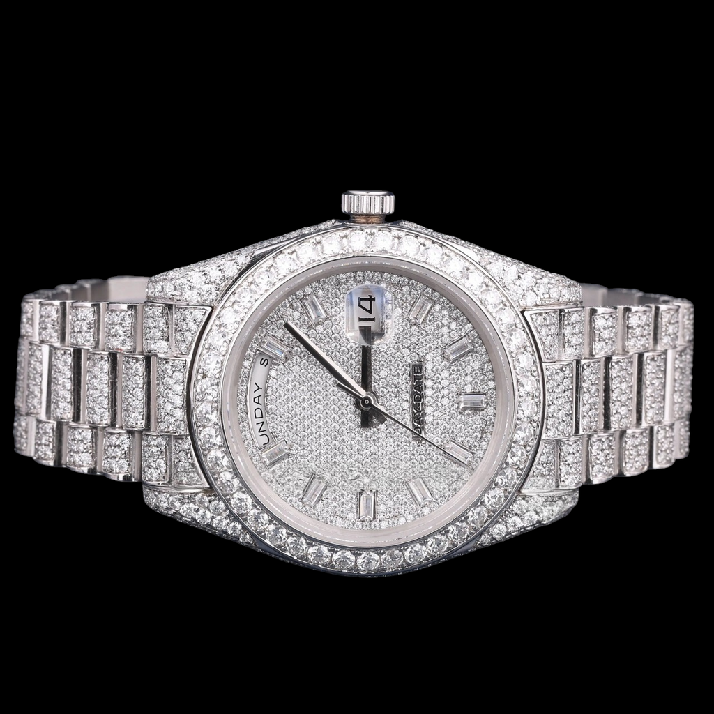 Luxury Silver Moissanite Day-Date Watch VVS1 D Color Fully Iced Out