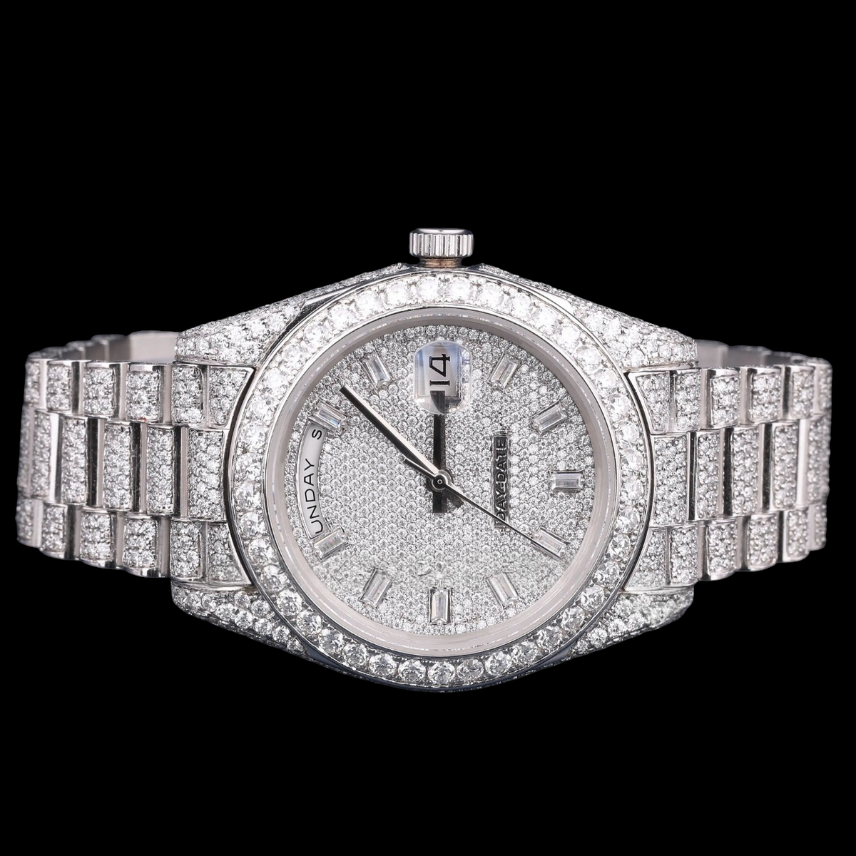 Luxury Silver Moissanite Day-Date Watch VVS1 D Color Fully Iced Out