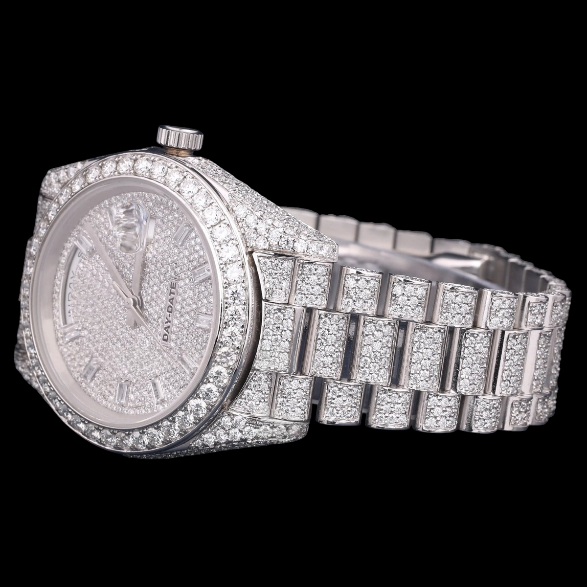 Luxury Silver Moissanite Day-Date Watch VVS1 D Color Fully Iced Out