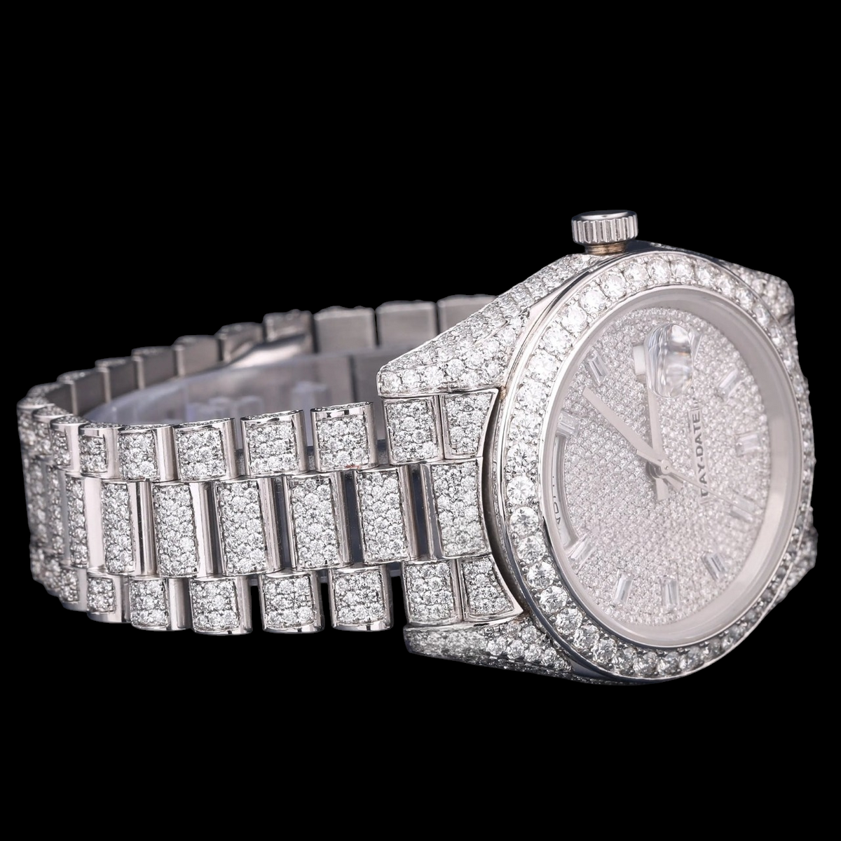 Luxury Silver Moissanite Day-Date Watch VVS1 D Color Fully Iced Out