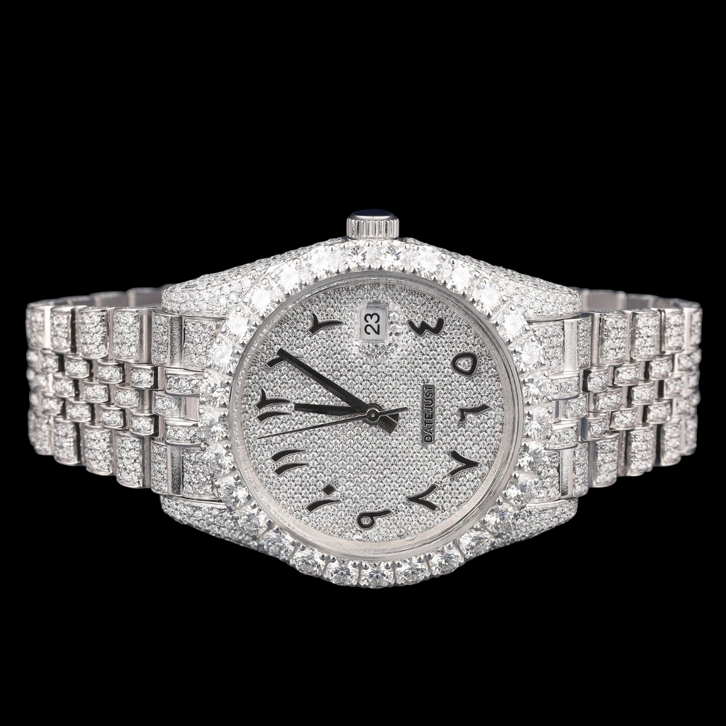 Luxury Silver Arabic Moissanite Day-Date Watch VVS1 D Color Fully Iced Out