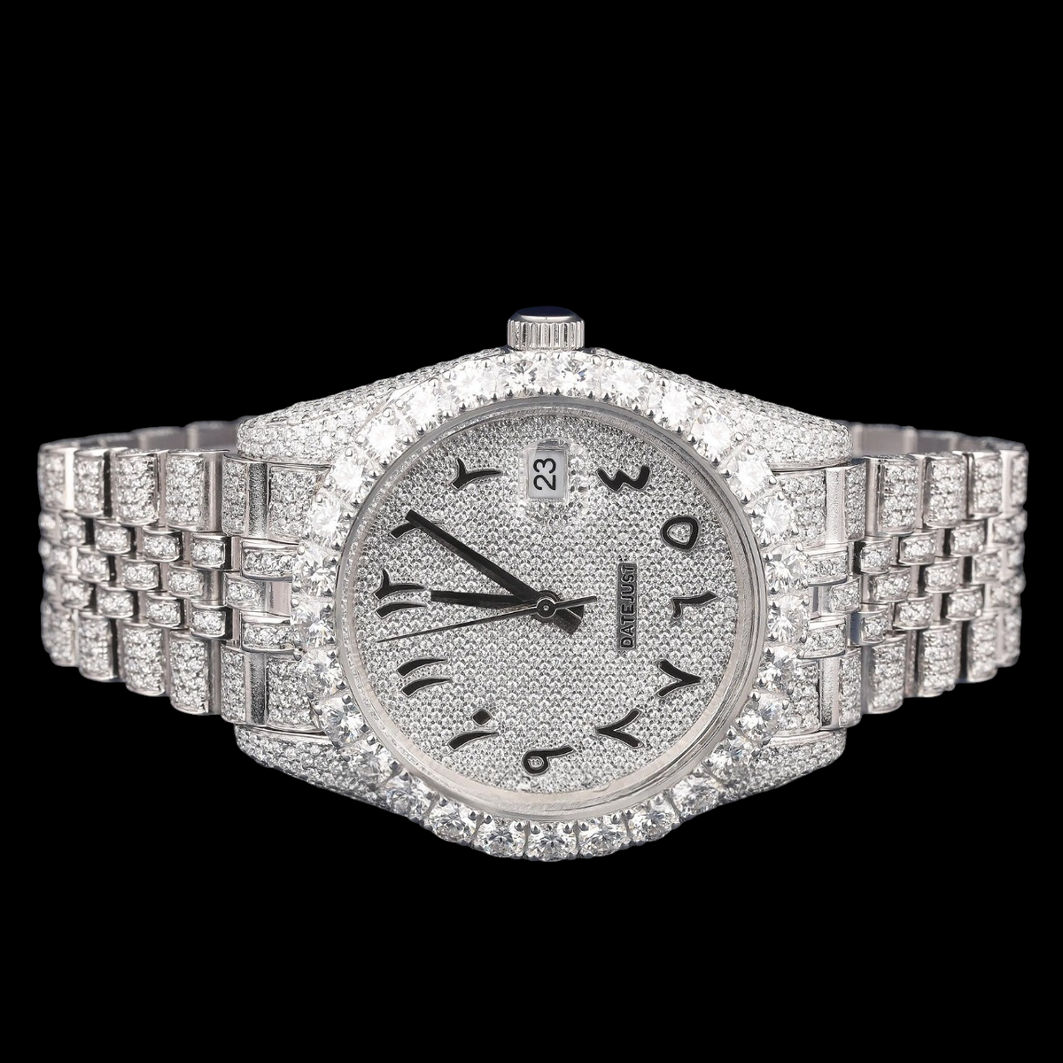Luxury Silver Arabic Moissanite Day-Date Watch VVS1 D Color Fully Iced Out