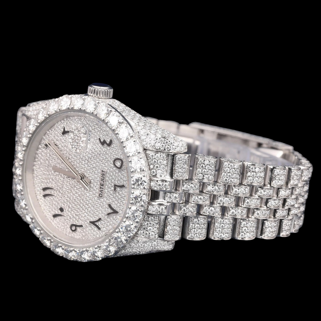 Luxury Silver Arabic Moissanite Day-Date Watch VVS1 D Color Fully Iced Out