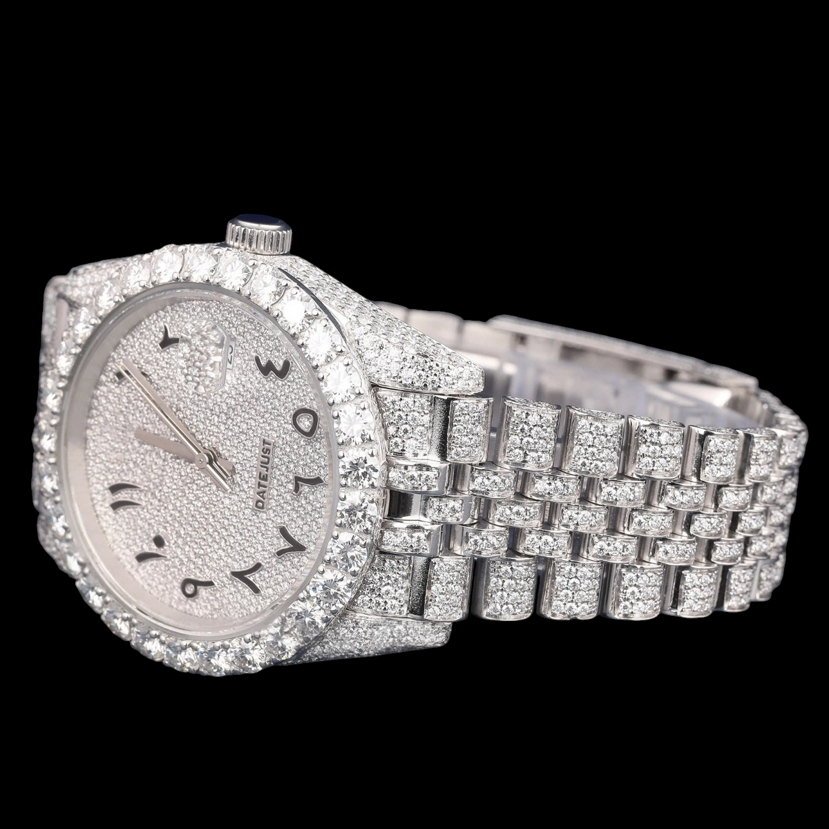 Luxury Silver Arabic Moissanite Day-Date Watch VVS1 D Color Fully Iced Out