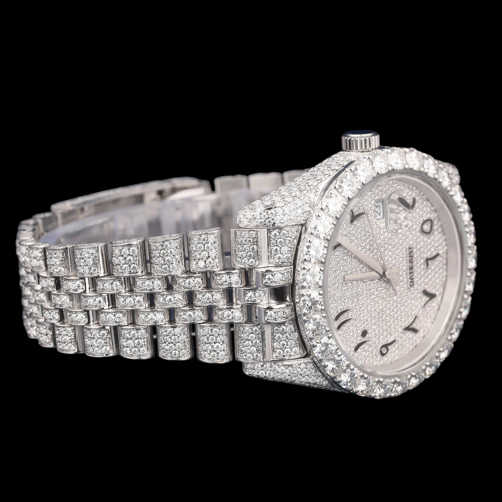 Luxury Silver Arabic Moissanite Day-Date Watch VVS1 D Color Fully Iced Out