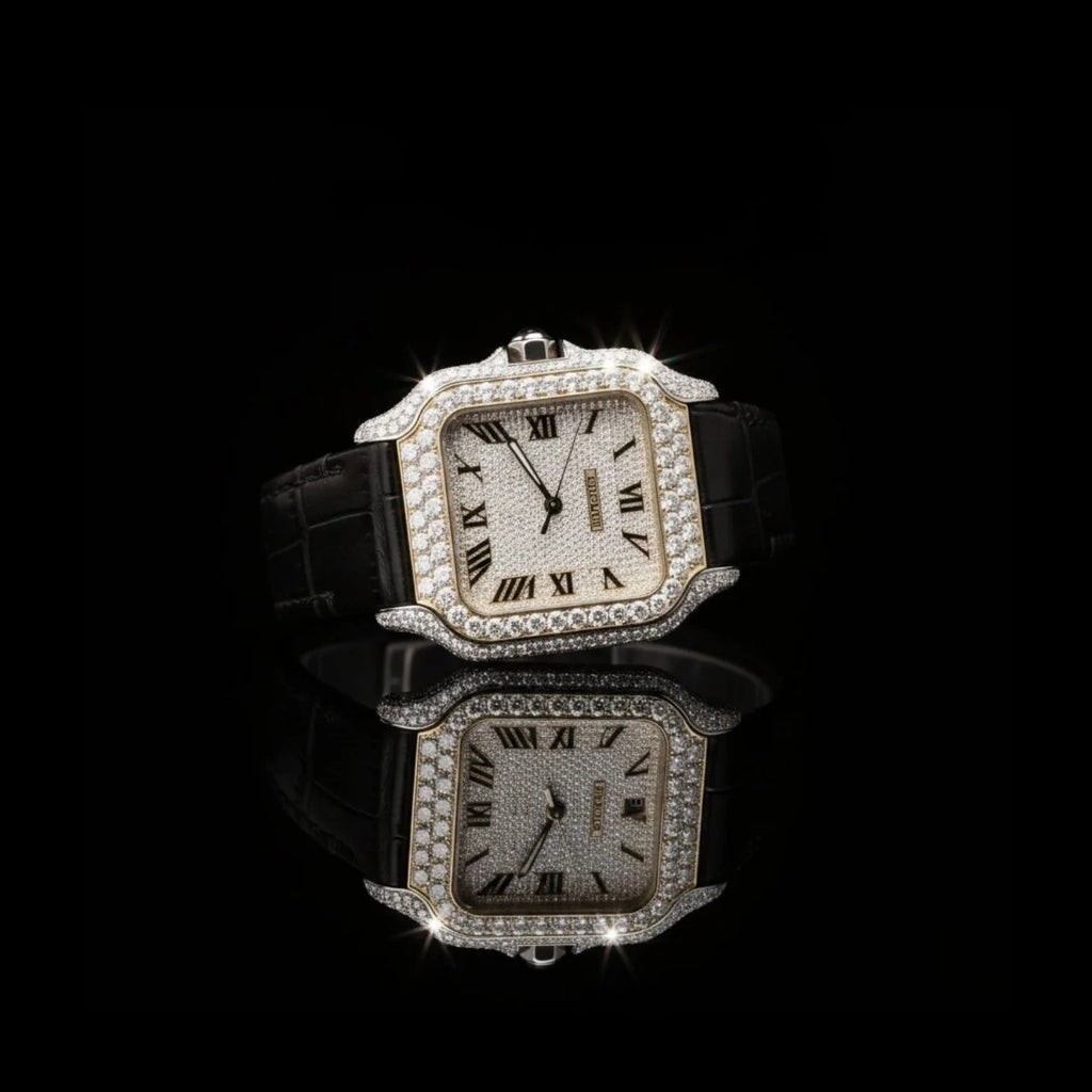 Square Roman Dial Fully Iced Moissanite Watch Black Strap