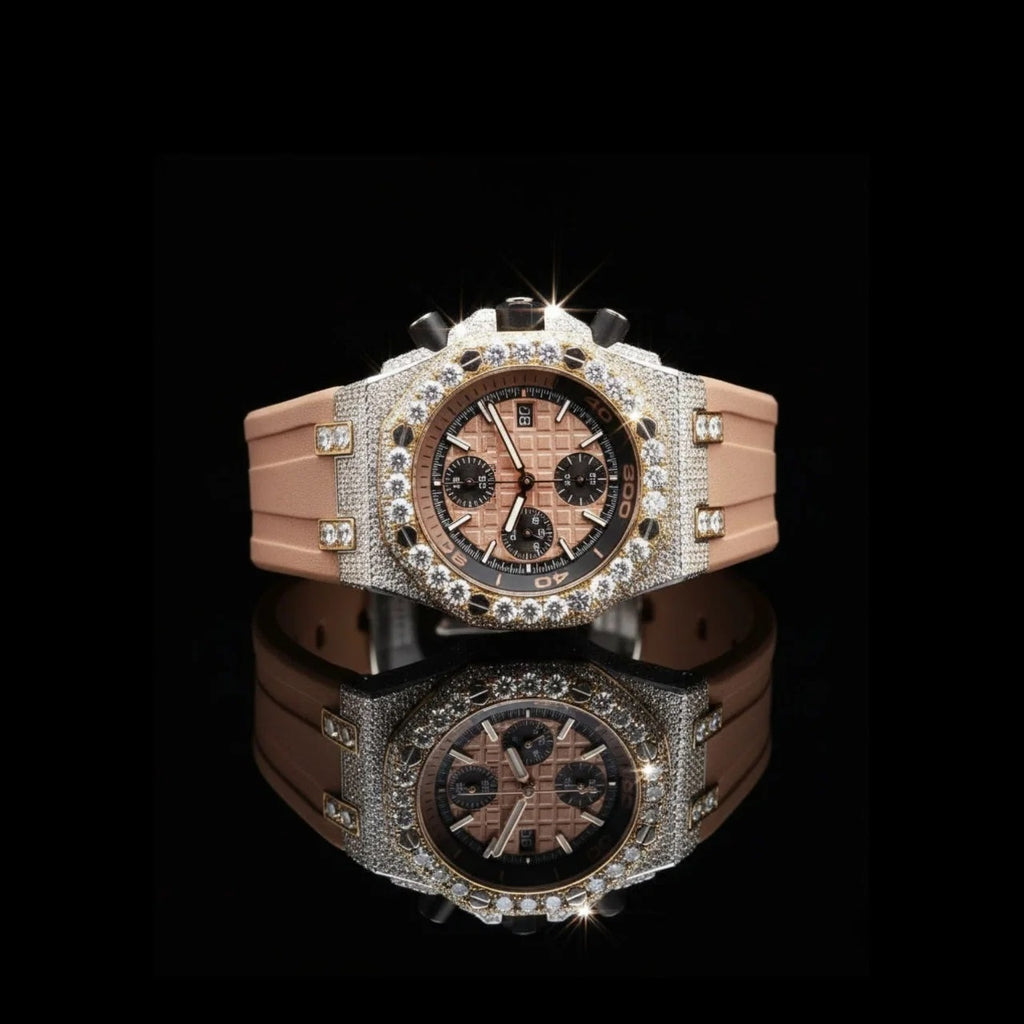 Rose Gold Dial Fully Iced Moissanite Chronograph Watch