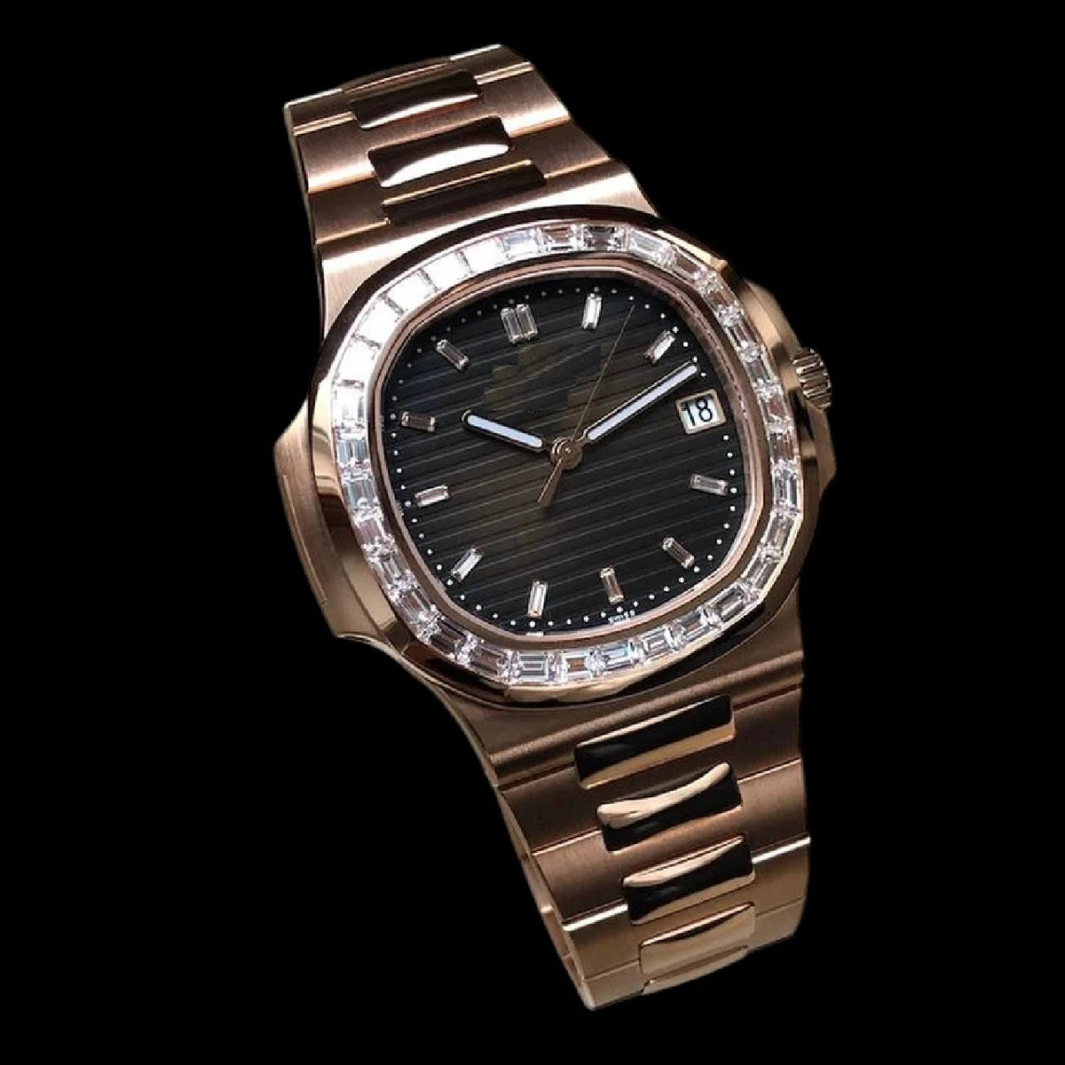 Rose Gold Black Dial Baguette-Cut Moissanite Automatic Watch