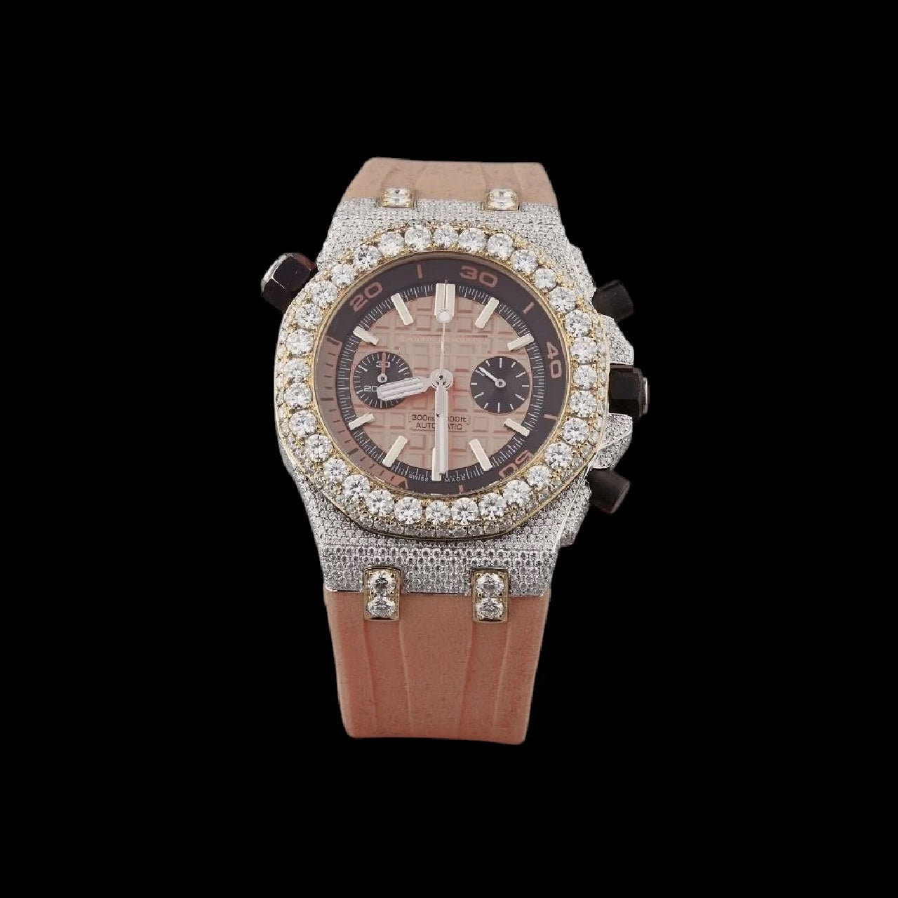 Rose Gold Dial Fully Iced Moissanite Chronograph Watch