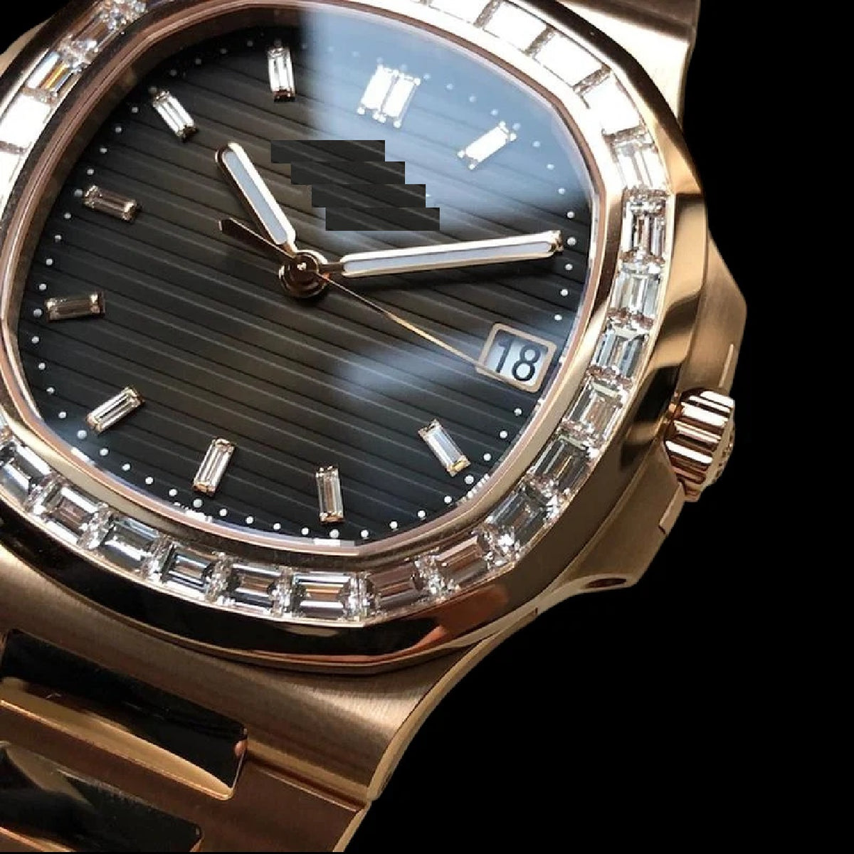 Rose Gold Black Dial Baguette-Cut Moissanite Automatic Watch