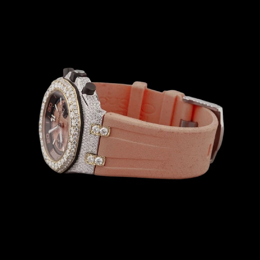 Rose Gold Dial Fully Iced Moissanite Chronograph Watch
