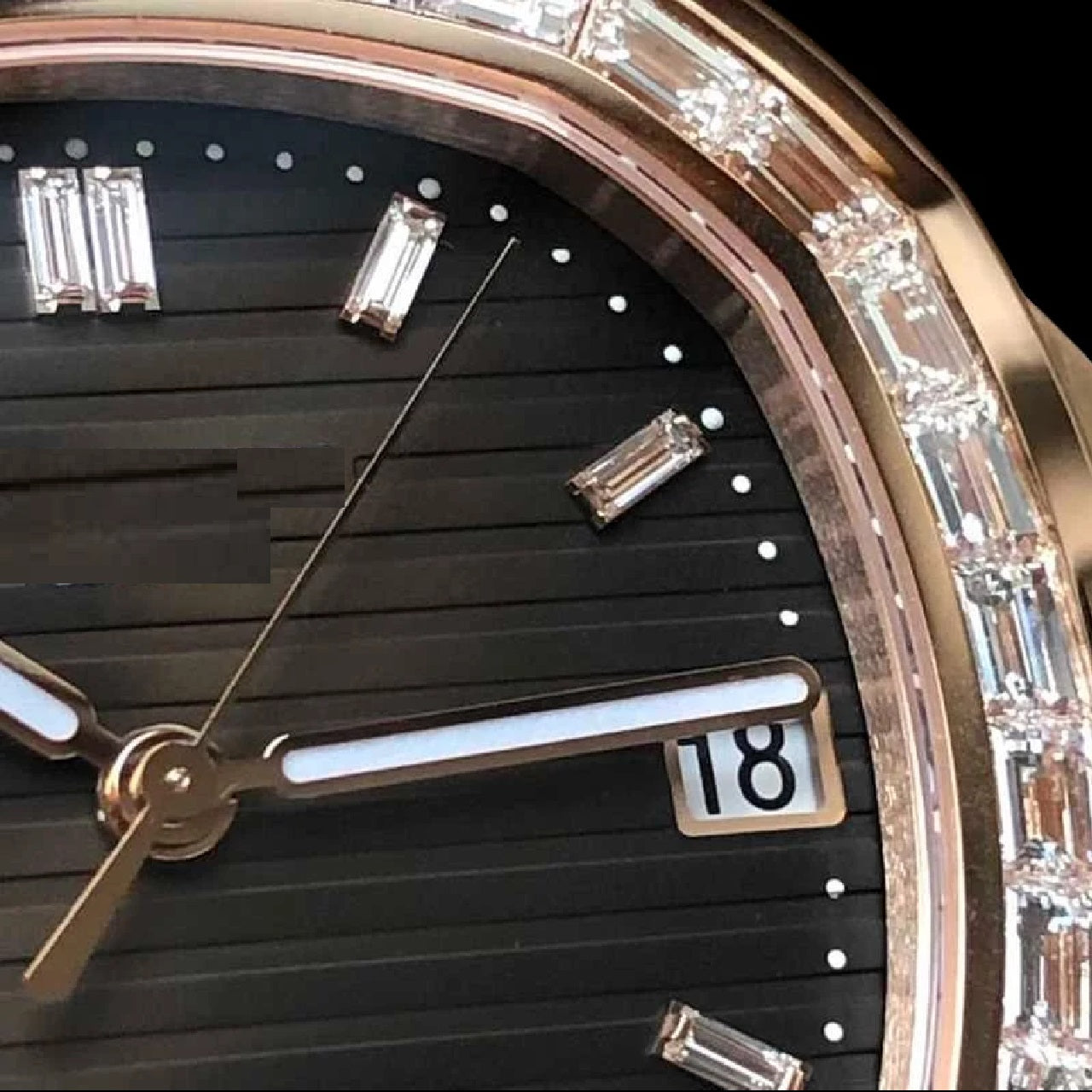 Rose Gold Black Dial Baguette-Cut Moissanite Automatic Watch