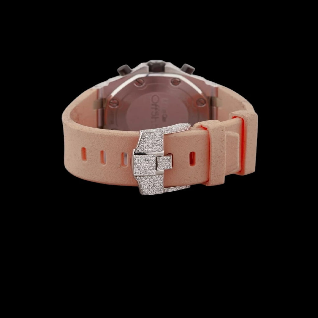 Rose Gold Dial Fully Iced Moissanite Chronograph Watch