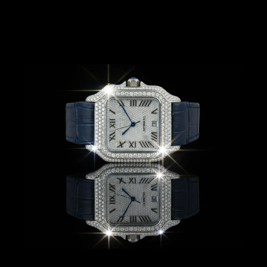 Silver Roman Dial Fully Iced Moissanite Automatic Watch Blue Strap