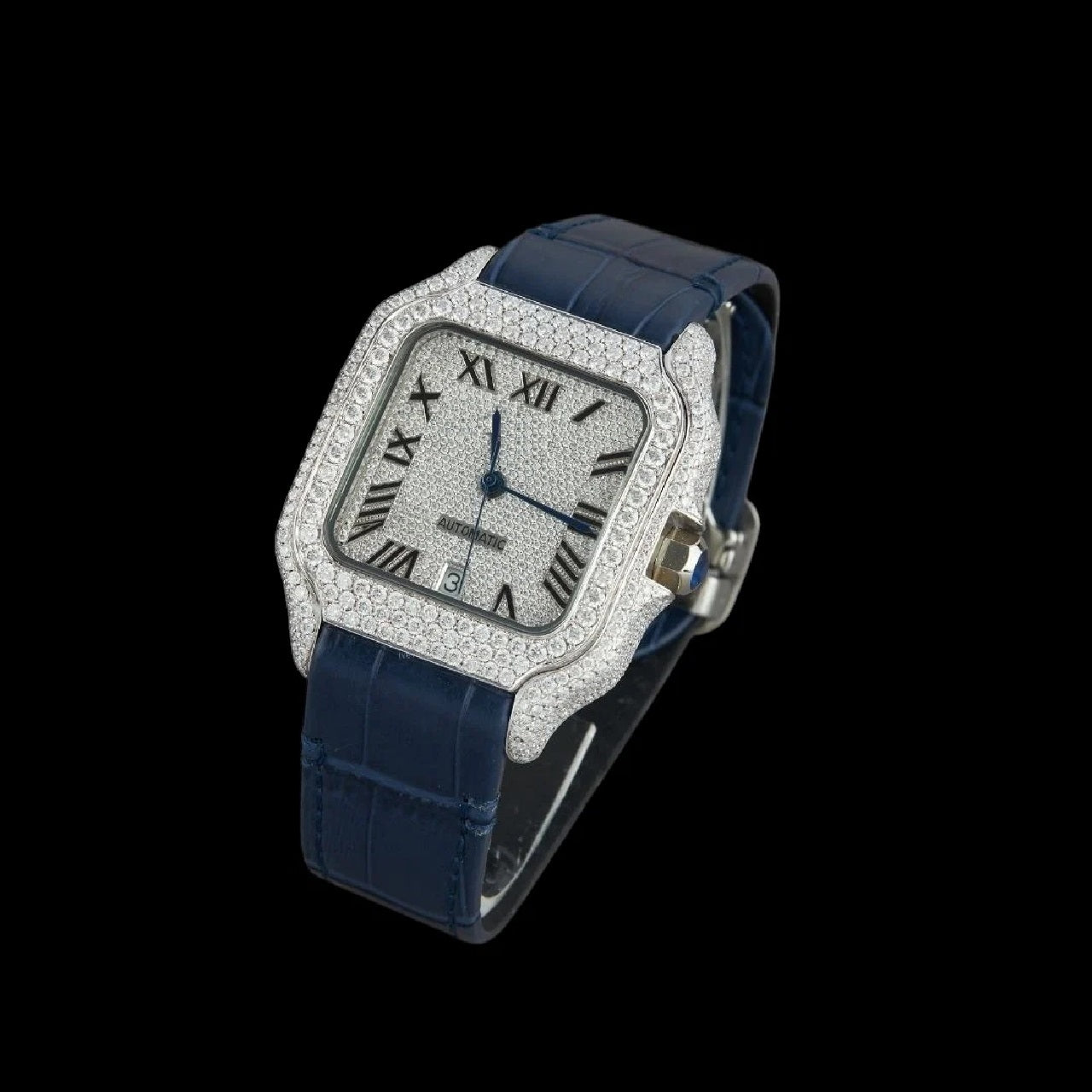 Silver Roman Dial Fully Iced Moissanite Automatic Watch Blue Strap