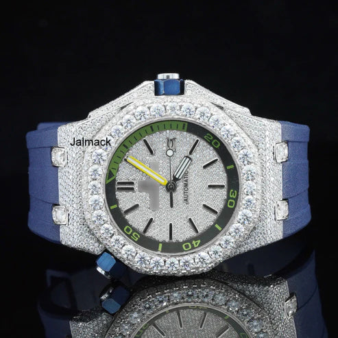 Luxury Fully Iced Out Gold Bezel Moissanite Watch for Men Blue Rubber Strap