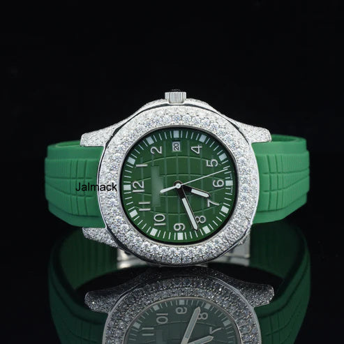 Luxury Green Bealt Moissanite Watch for Men | Iced Out VVS Moissanite Timepiece