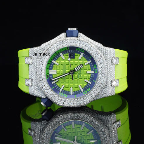Luxury Fully Iced Out Green Dial Moissanite Watch for Men Neon Green Rubber Strap