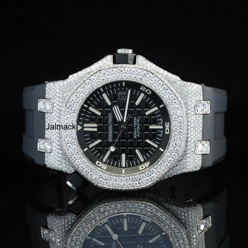 Luxury Fully Iced Out Moissanite Watch for Men Black Rubber Strap