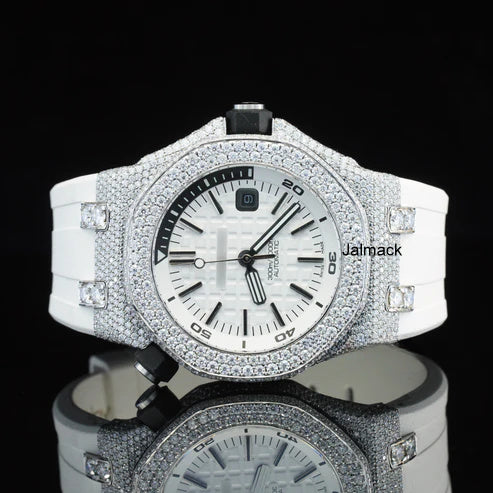 Luxury Fully Iced Out White Dial Moissanite Watch for Men White Rubber Strap