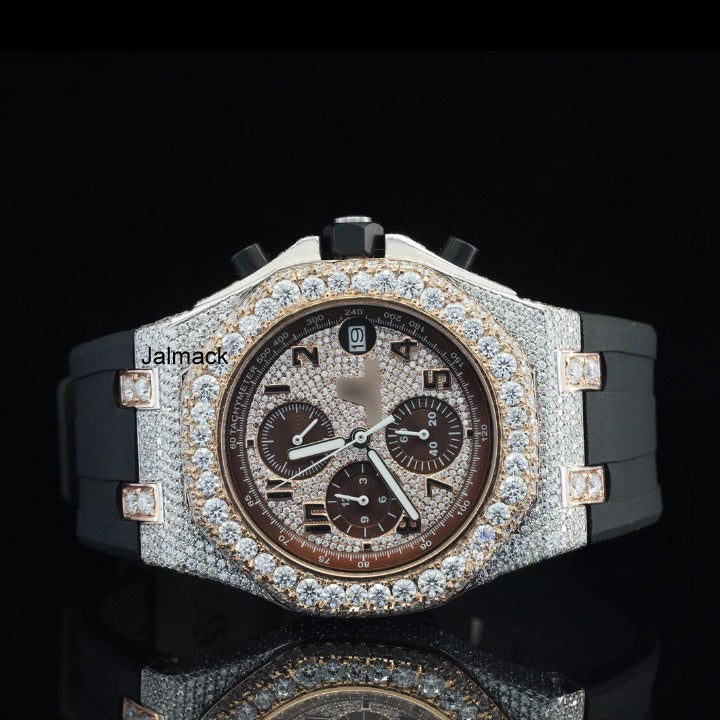 Luxury Fully Iced Chronograph Moissanite Watch with Brown Dial