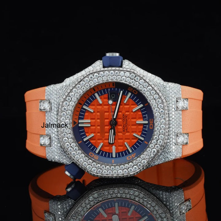 Luxury Fully Iced Out Orange Dial Moissanite Watch for Men
