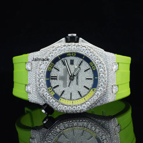 Luxury Fully Iced Out Silver Dial Moissanite Watch for Men Neon Green Rubber Strap