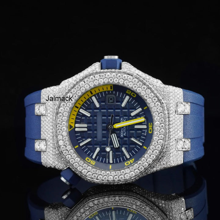 Luxury Fully Iced Out Blue Dial Moissanite Watch for Men Blue Rubber Strap