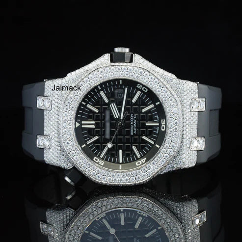 Luxury Fully Iced Out Black Dial Moissanite Watch for Men Black Rubber Strap