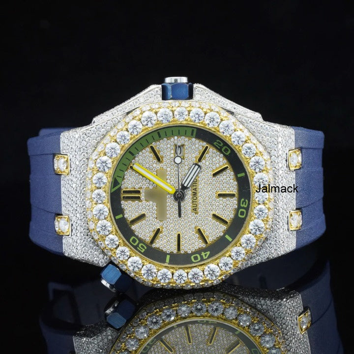 Luxury Fully Iced Out Gold Bezel Moissanite Watch for Men Blue Rubber Strap