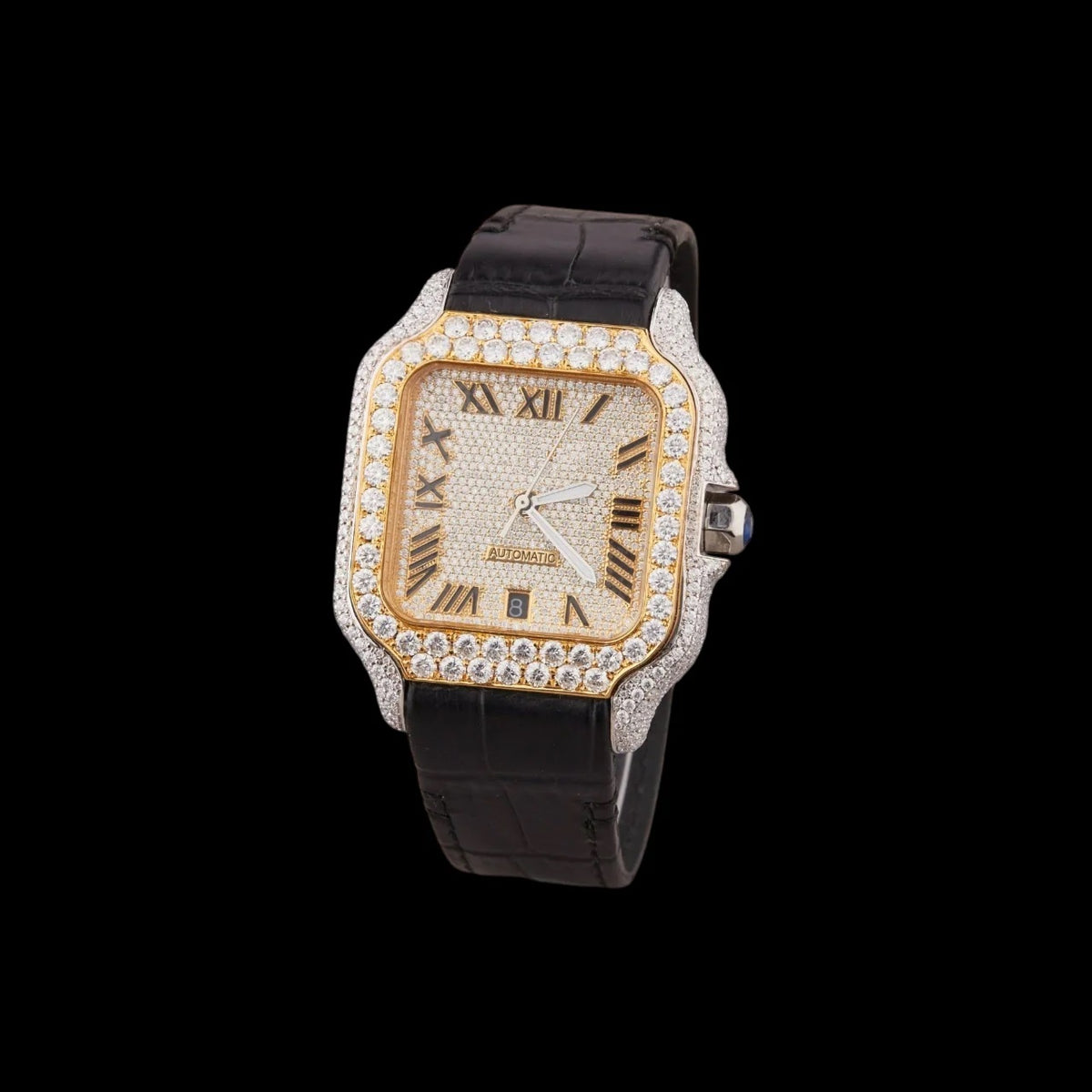 Gold Dial Roman Letter Round-Cut Moissanite Leather Watch